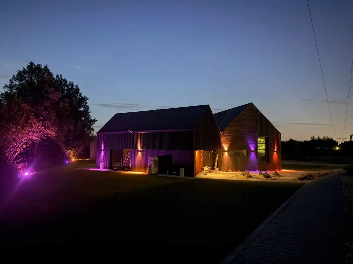 Oświetlenie ogrodu przy czarnym domu nocą – reflektory podświetlają drzewa