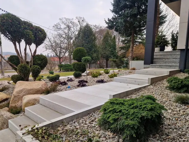 Ogród przy nowoczesnym domu – drzewka formowane, kamień i schody z dużych płyt