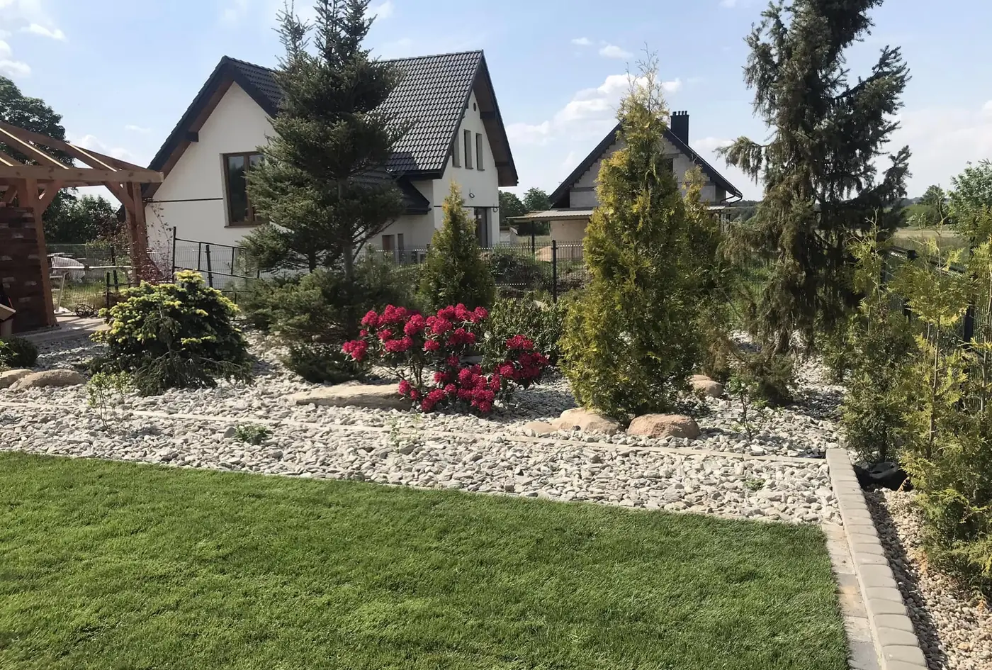 Ogród z iglakami, rododendronami i kamieniem przy domu
