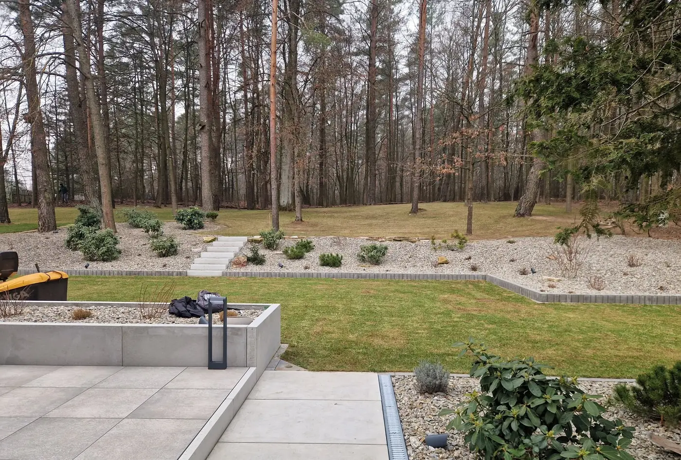 Ścieżka z jasnych płyt wielkoformatowych wśród sosen